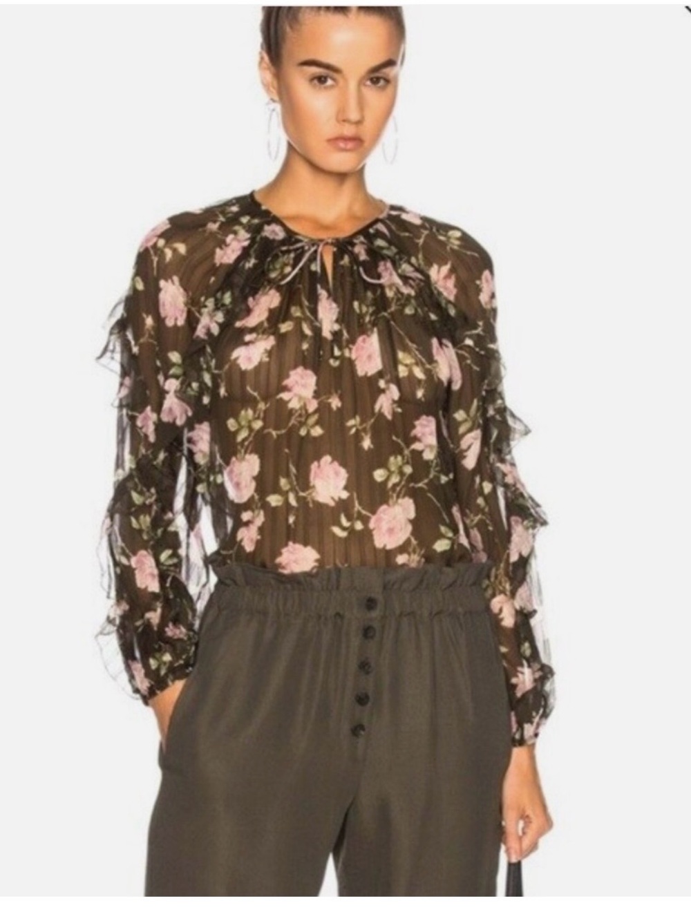 Ulla Johnson Azalea Silk Blouse Olive Pink Floral Ruffle Sheer Sz 4